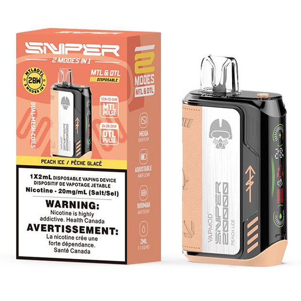 Peach ice sniper 20k disposable vape avaailable at your local vape store 