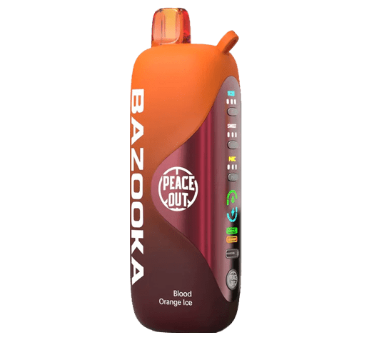 Orange and maroon Bazooka Peace Out bubble gum container on a white background