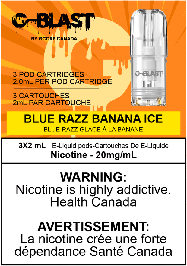 Blue razz banana ice gcore pods  at savory vape shop burnaby